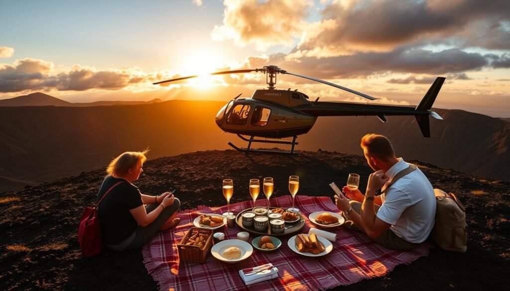 Private helicopter landing near Haleakala crater rim with champagne breakfast setup Private helicopter landing near Haleakala crater rim with champagne breakfast setup