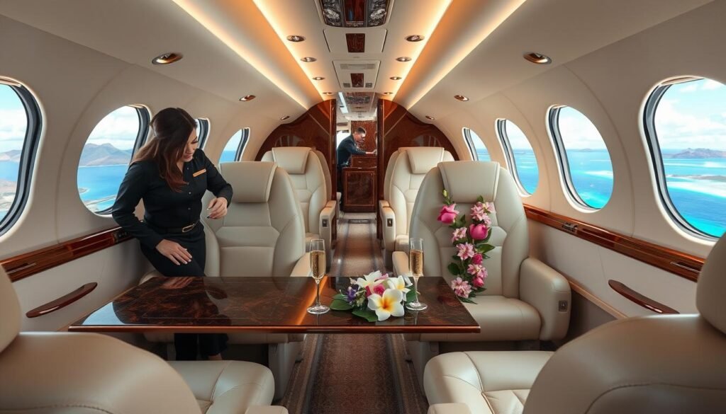 Private jet interior with Hawaiian-inspired luxury details for inter-island travel