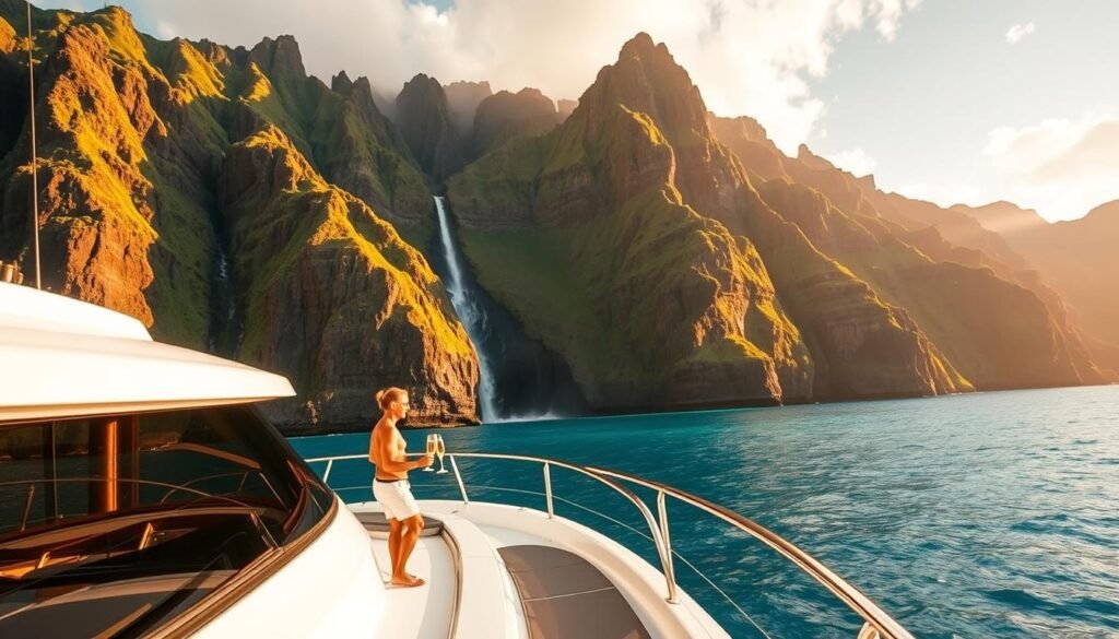 Private luxury yacht sailing along the Na Pali Coast with dramatic cliffs and waterfalls in the background Private luxury yacht sailing along the Na Pali Coast with dramatic cliffs and waterfalls in the background