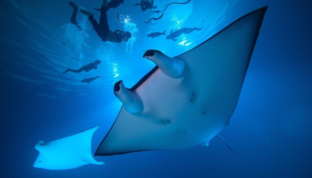 Private nighttime manta ray encounter with underwater lighting and exclusive guide