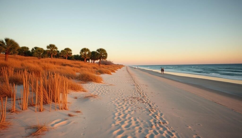 Seabrook Island's pristine beach with palmetto trees and dreamy beach towns not overcrowded with visitors Seabrook Island's pristine beach with palmetto trees and dreamy beach towns not overcrowded with visitors