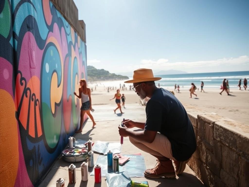 Street artist painting a mural near Ipanema Beach in Rio de Janeiro Street artist painting a mural near Ipanema Beach in Rio de Janeiro