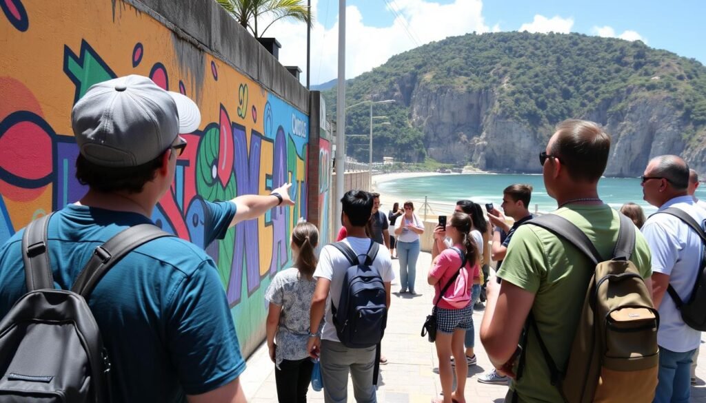 Tourists on a guided street art tour in Rio de Janeiro near the beach