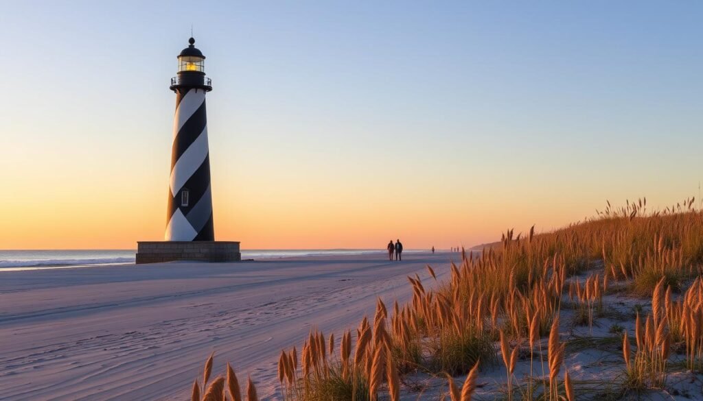 Tybee Island's lighthouse and uncrowded beach, representing dreamy beach towns not overcrowded Tybee Island's lighthouse and uncrowded beach, representing dreamy beach towns not overcrowded