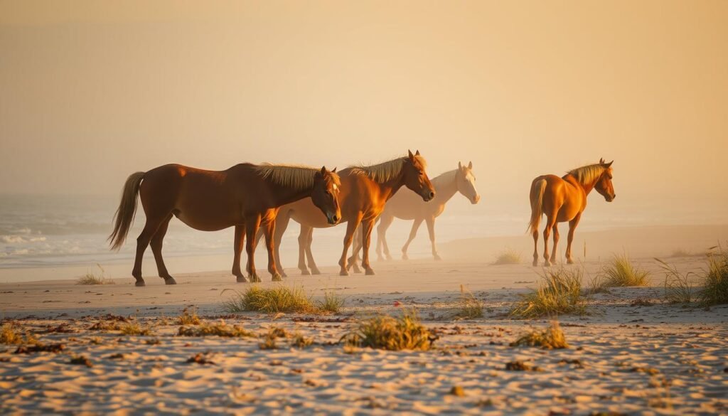 Wild ponies roaming on Chincoteague Island beach, one of the dreamy beach towns not overcrowded Wild ponies roaming on Chincoteague Island beach, one of the dreamy beach towns not overcrowded