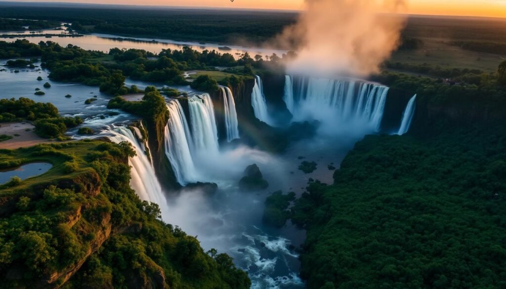 Aerial view of Iguazu Falls showing the Devil's Throat and surrounding rainforest - Luxe 10-Day Brazil Itinerary Aerial view of Iguazu Falls showing the Devil's Throat and surrounding rainforest - Luxe 10-Day Brazil Itinerary