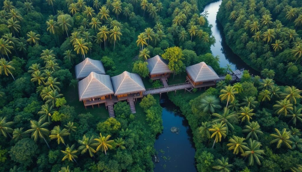 Aerial view of luxury Amazon lodge nestled in the rainforest - Luxe 10-Day Brazil Itinerary Aerial view of luxury Amazon lodge nestled in the rainforest - Luxe 10-Day Brazil Itinerary
