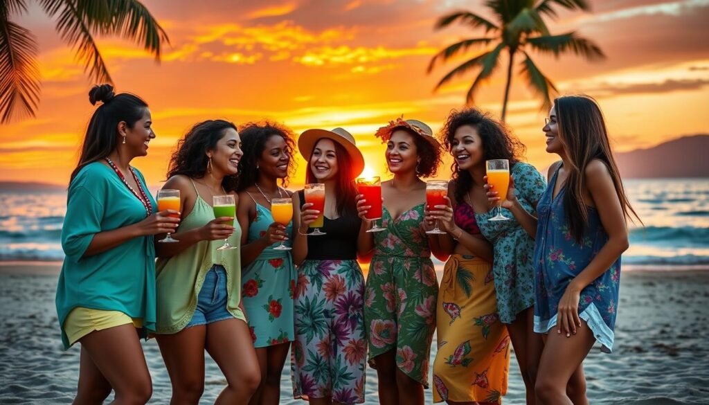 Group of women celebrating sunset on a Costa Rica beach during their adventure spa girls trip