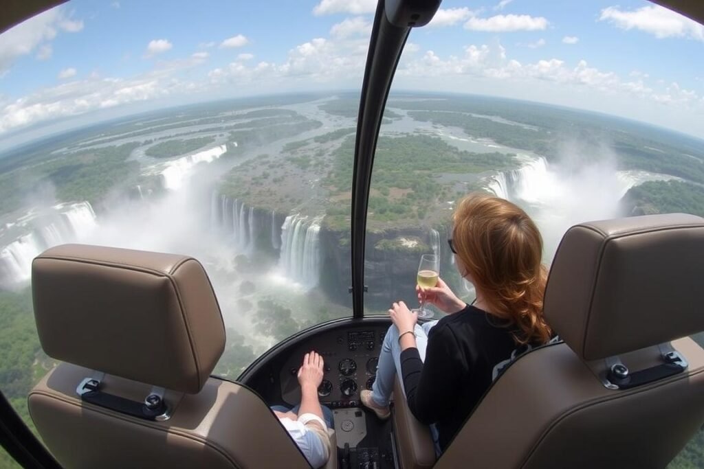 Helicopter tour over Iguazu Falls showing the scale of the waterfalls from above Helicopter tour over Iguazu Falls showing the scale of the waterfalls from above