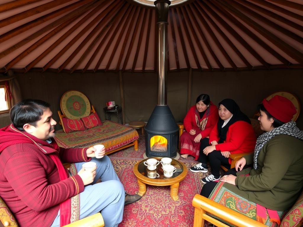 Interior of a traditional Mongolian ger with a solo traveler sharing tea with a nomadic family