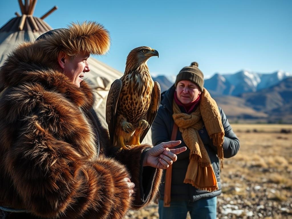 Kazakh eagle hunter demonstrating traditional techniques to a solo traveler in western Mongolia