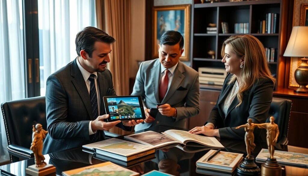 Luxury travel consultant discussing Brazil itinerary with clients - Luxe 10-Day Brazil Itinerary