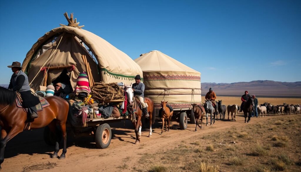 Nomadic family moving their ger and belongings by horse and cart during seasonal migration
