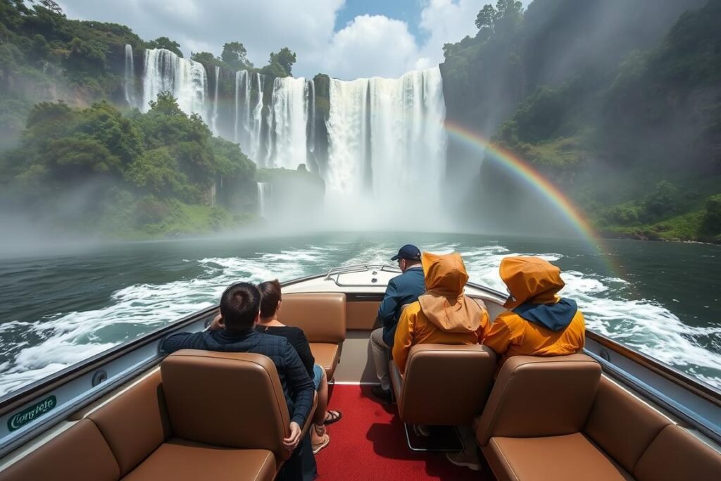 Private boat safari approaching the base of Iguazu Falls with luxury amenities Private boat safari approaching the base of Iguazu Falls with luxury amenities