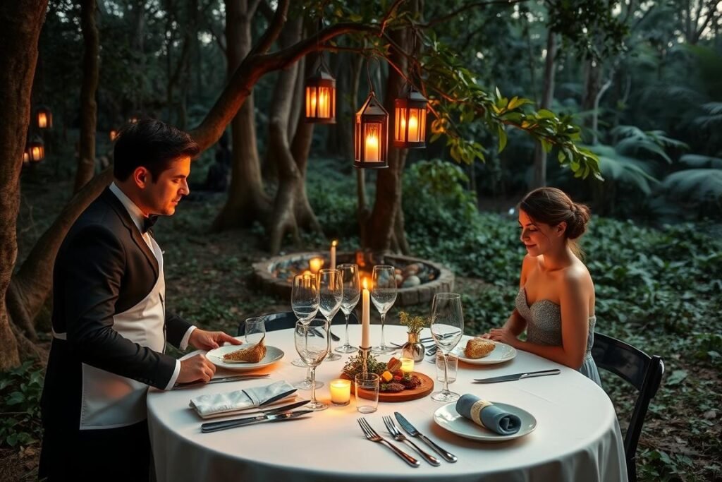 Private dinner setup in the Amazon rainforest with gourmet cuisine and ambient lighting