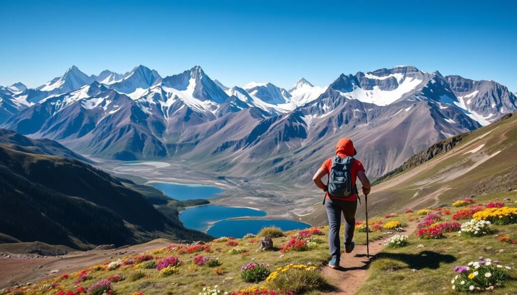 Solo hiker trekking through the dramatic mountain landscape of Altai Tavan Bogd National Park