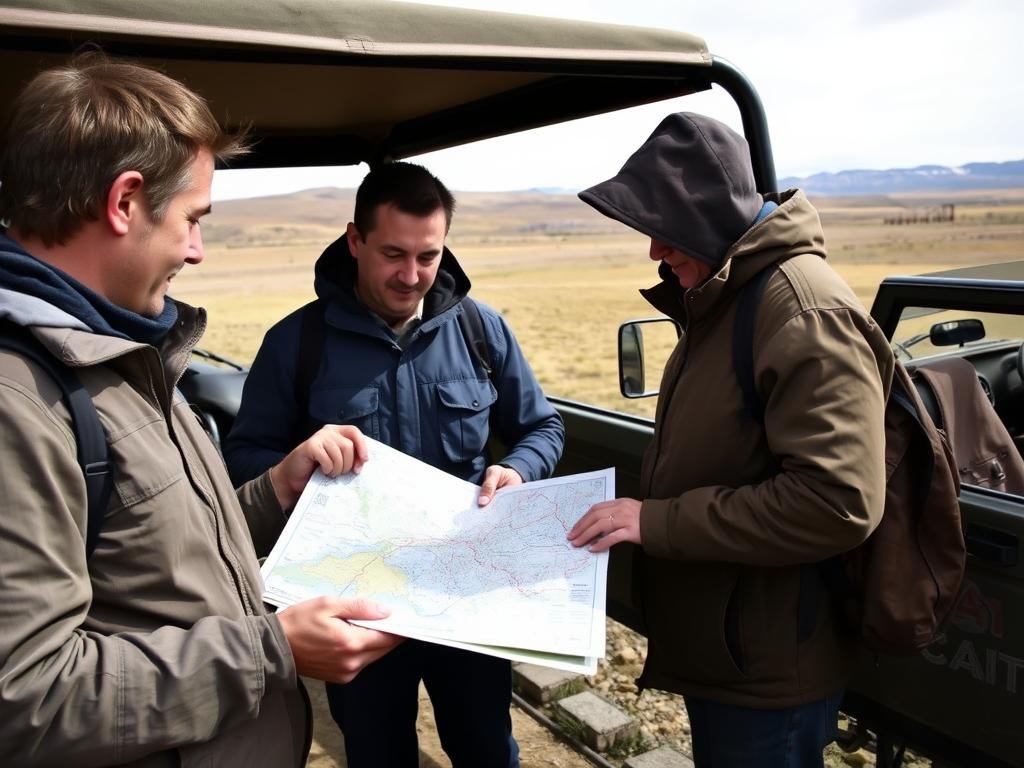 Solo traveler checking a map with a local guide in the Mongolian countryside
