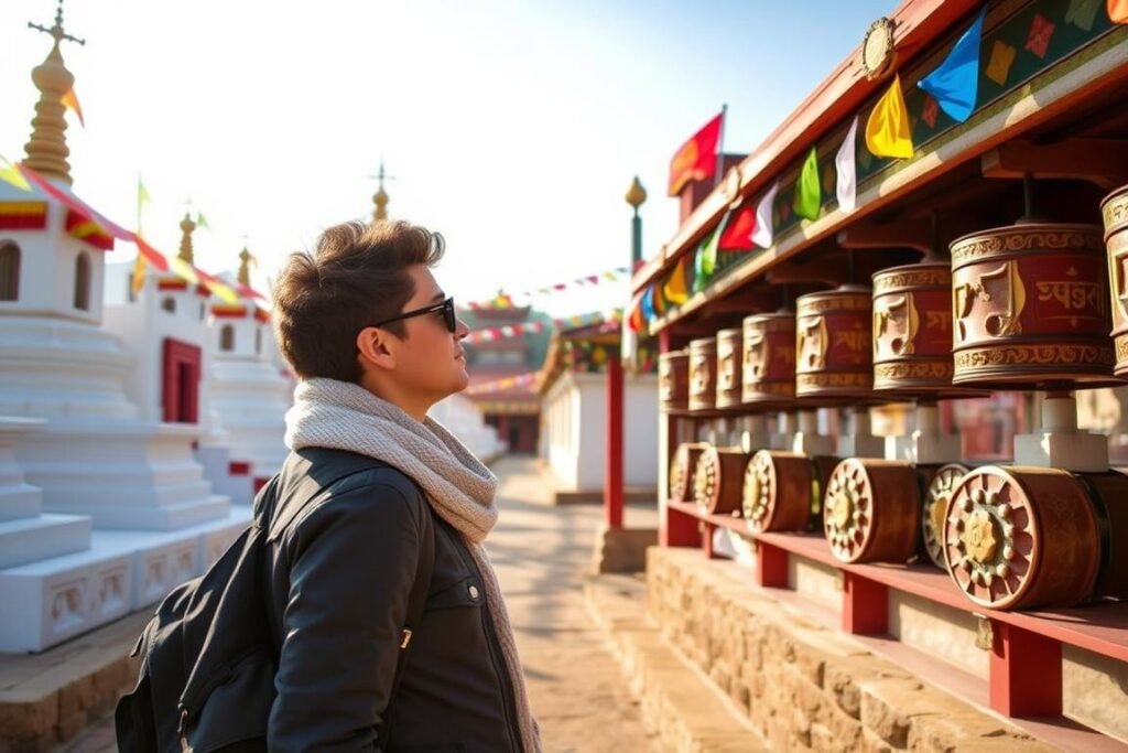 Solo traveler exploring the colorful prayer wheels and stupas at Erdene Zuu Monastery
