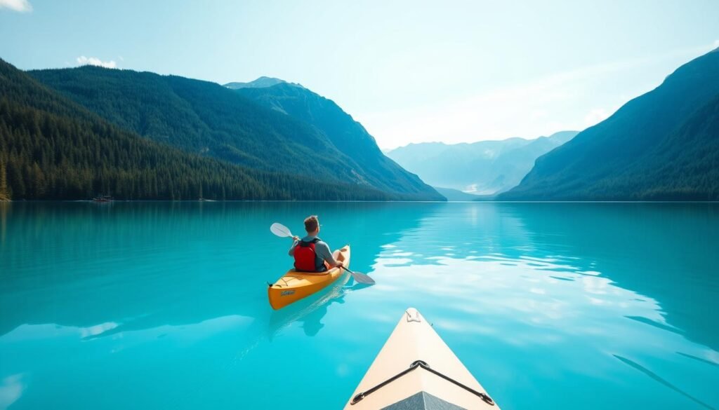 Solo traveler kayaking on the crystal-clear waters of Lake Khuvsgul with mountains in the background