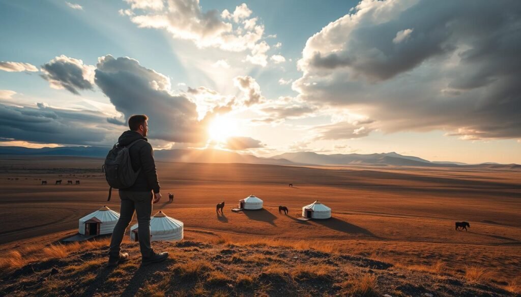 Solo traveler overlooking vast Mongolian steppe with traditional gers and horses in the distance