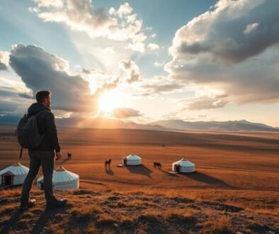 Solo traveler overlooking vast Mongolian steppe with traditional gers and horses in the distance