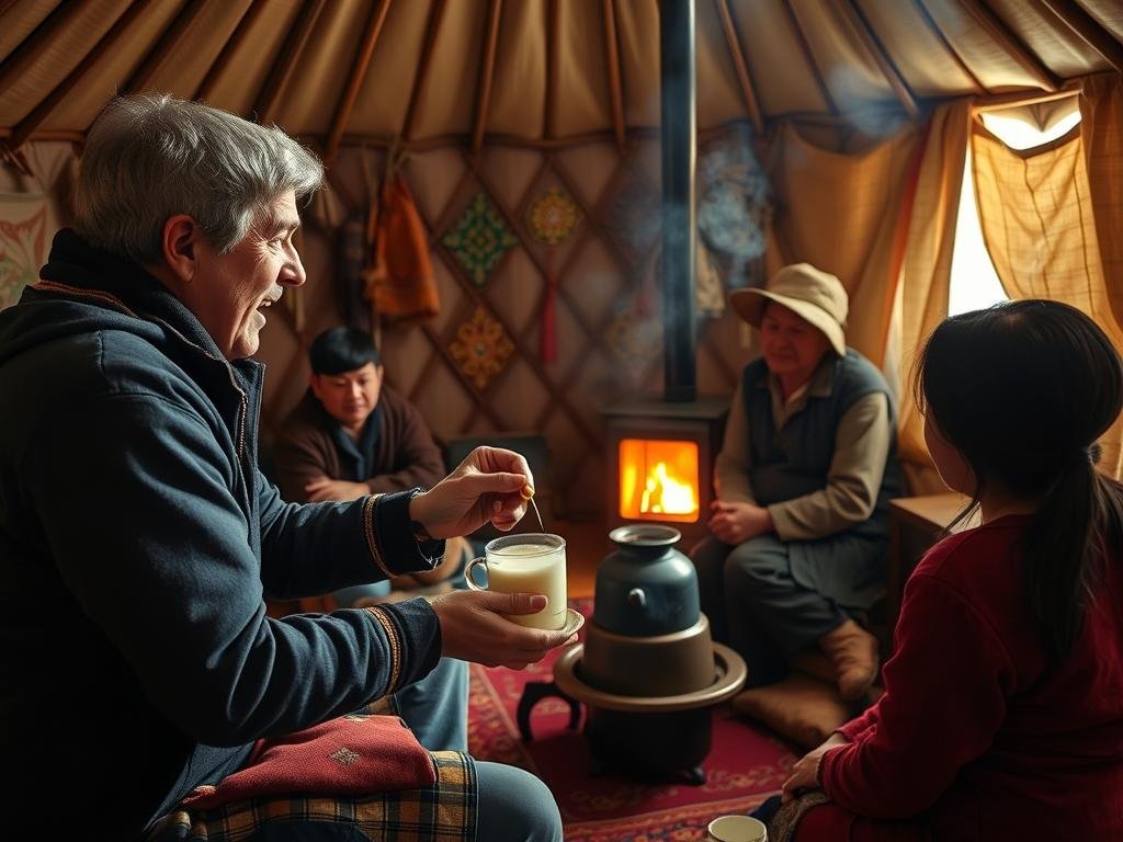 Solo traveler participating in a traditional Mongolian tea ceremony with a nomadic family