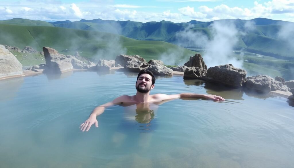 Solo traveler relaxing in a natural hot spring surrounded by Mongolia's mountainous landscape