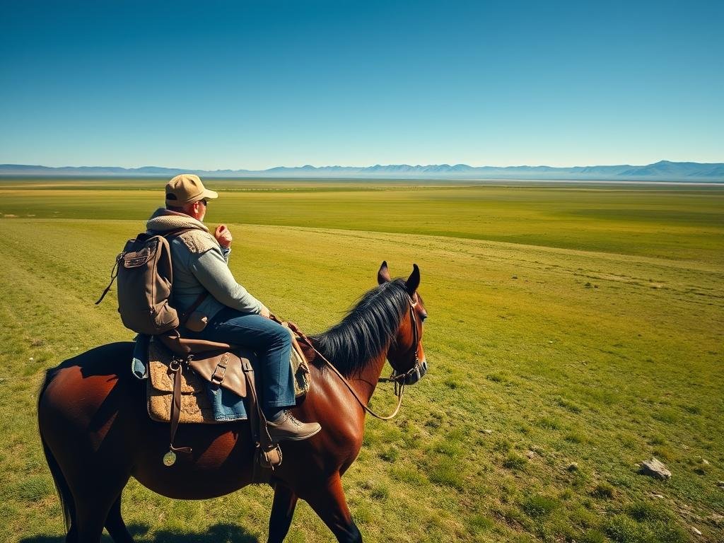 Solo traveler riding a Mongolian horse across the open steppe with a local guide