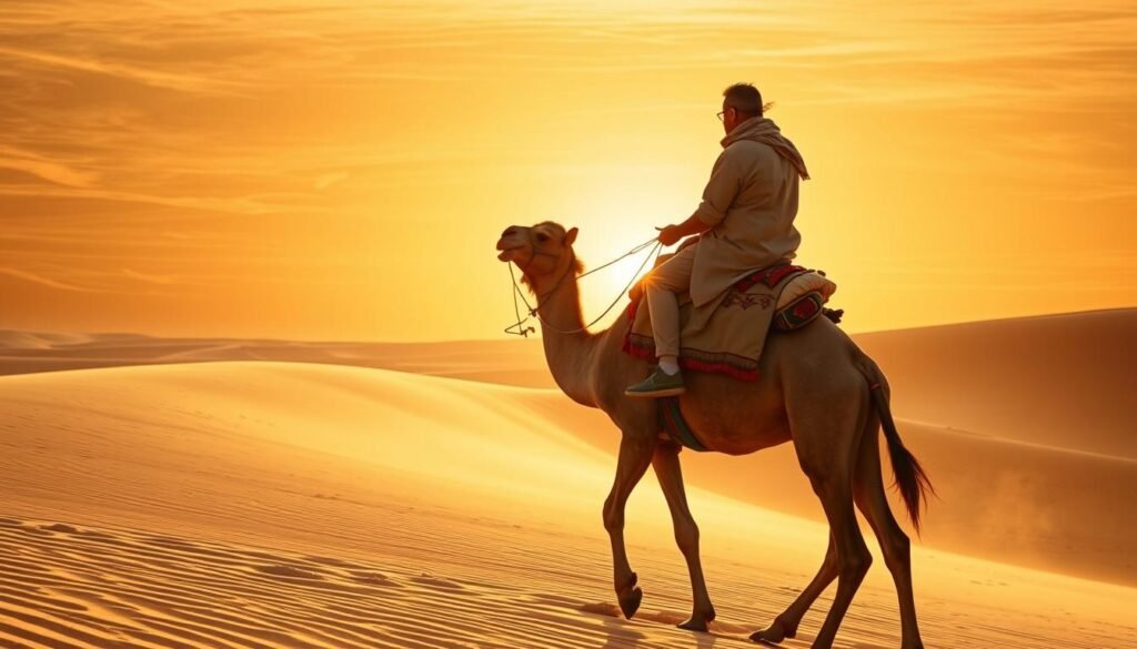 Solo traveler riding a two-humped Bactrian camel across the sand dunes of the Gobi Desert