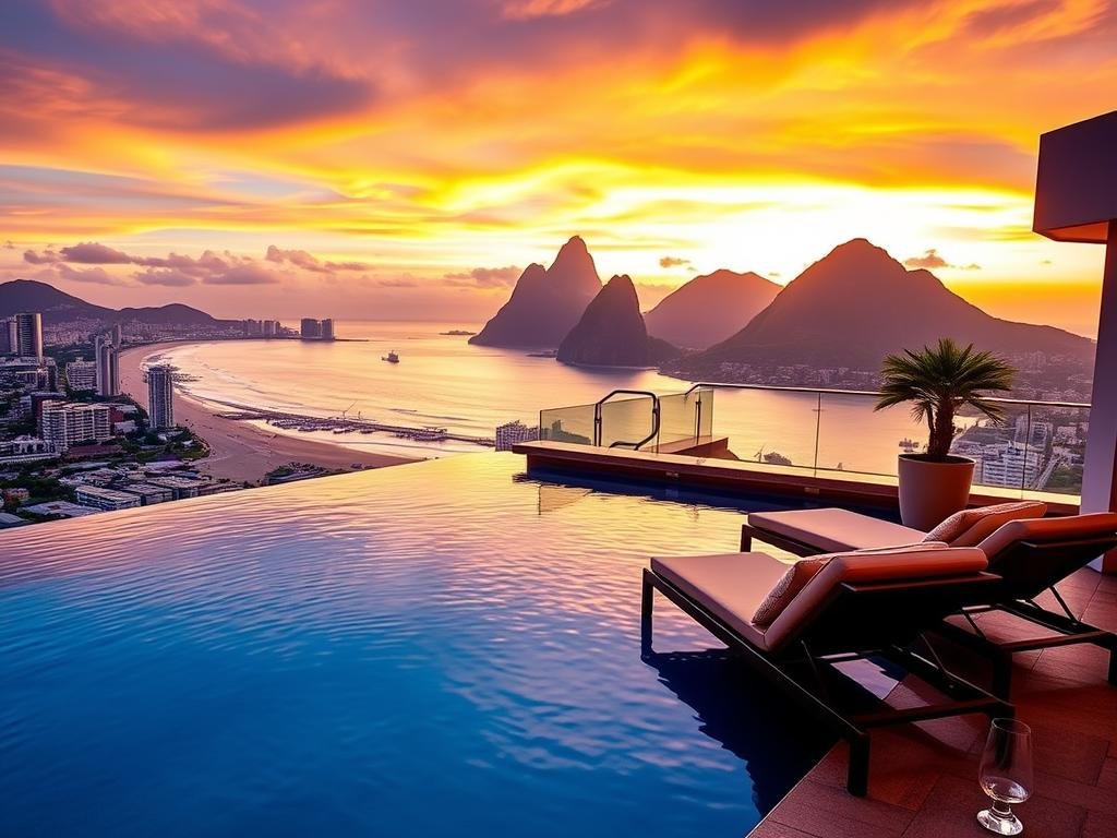 Sunset view from Fasano Rio rooftop infinity pool overlooking Ipanema Beach - Luxe 10-Day Brazil Itinerary Sunset view from Fasano Rio rooftop infinity pool overlooking Ipanema Beach - Luxe 10-Day Brazil Itinerary