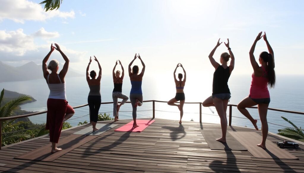 Women doing yoga on a platform overlooking the Pacific Ocean during their Costa Rica girls trip adventure spa retreat Women doing yoga on a platform overlooking the Pacific Ocean during their Costa Rica girls trip adventure spa retreat