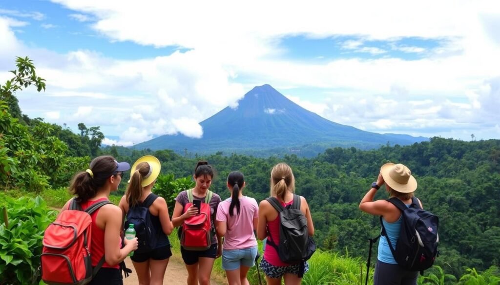 Women hiking near Arenal Volcano in Costa Rica during their girls trip adventure Women hiking near Arenal Volcano in Costa Rica during their girls trip adventure