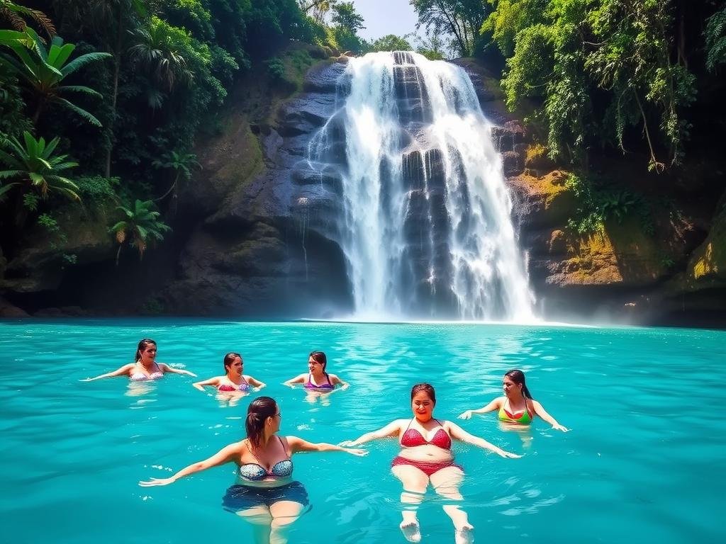 Women swimming at La Fortuna Waterfall during their Costa Rica girls trip adventure spa getaway Women swimming at La Fortuna Waterfall during their Costa Rica girls trip adventure spa getaway