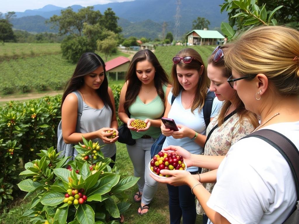 Women touring a Costa Rican coffee farm during their girls trip adventure spa getaway Women touring a Costa Rican coffee farm during their girls trip adventure spa getaway