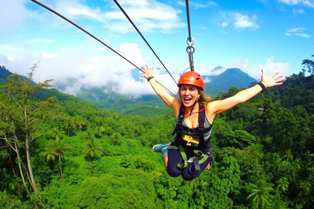 Women ziplining through the Costa Rican rainforest canopy during their adventure spa girls trip Women ziplining through the Costa Rican rainforest canopy during their adventure spa girls trip