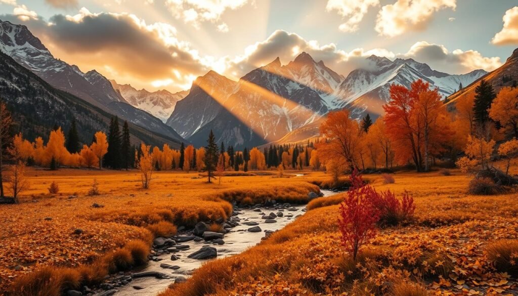 A breathtaking autumnal landscape in Rocky Mountain National Park, Colorado. In the foreground, a meandering stream cuts through a golden carpet of fallen aspen leaves. Rugged, snow-capped peaks rise in the middle distance, their jagged silhouettes framed by vibrant orange and red foliage. Shafts of warm, golden sunlight filter through wispy clouds, casting a ethereal glow over the entire scene. The atmosphere is one of serene tranquility and raw, untamed natural beauty. Captured with a wide-angle lens to emphasize the scale and grandeur of this alpine wonderland in its autumn splendor.