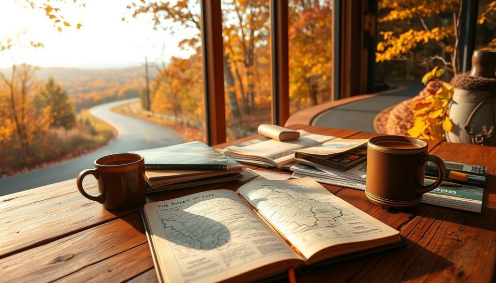 A cozy autumn road trip planning scene. Warm, golden light filters through the trees, casting a soft glow on a wooden table filled with maps, travel guides, and a steaming mug of hot cider. In the foreground, a leather-bound journal lies open, with carefully sketched plans for the perfect fall foliage route. In the background, a large window offers a picturesque view of a winding country road, its surface blanketed in a mosaic of vibrant reds, oranges, and yellows. The atmosphere is one of anticipation and adventure, a sense of excitement for the journey ahead.
