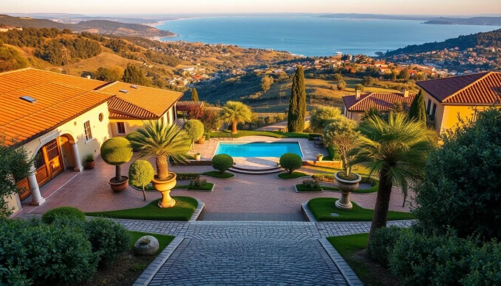 A luxurious villa nestled in the rolling hills of Tuscany, surrounded by lush vineyards and olive groves. In the foreground, a cobblestone path leads to the villa's ornate entrance, flanked by terracotta-tiled roofs and ornate stone columns. The middle ground features a serene, tranquil pool, its glimmering surface reflecting the warm, golden light of the autumn sun. In the background, a panoramic view of the Ligurian coast and the sparkling Tyrrhenian Sea, with the charming villages of the Cinque Terre visible in the distance. The scene is bathed in a soft, mellow glow, conveying a sense of timeless elegance and the quintessential Italian dolce vita experience.