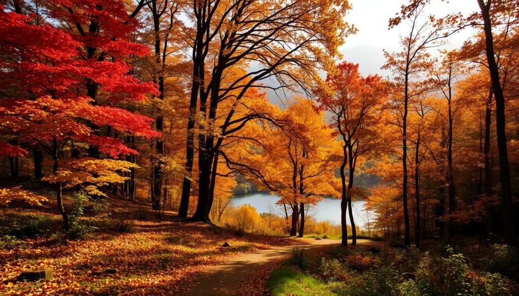 A magical autumn landscape unfolds, where towering trees blaze with vibrant hues of crimson, gold, and amber. In the foreground, a winding path leads through a lush, verdant forest, carpeted with a tapestry of fallen leaves. Dappled sunlight filters through the canopy, casting a warm, ethereal glow across the scene. In the middle ground, a serene pond reflects the enchanting foliage, its surface rippling with the gentle breeze. Beyond, rolling hills and distant mountains rise, their peaks shrouded in a soft, hazy mist. The overall atmosphere is one of tranquility and wonder, capturing the essence of a hidden gem national park in its most captivating autumnal splendor.