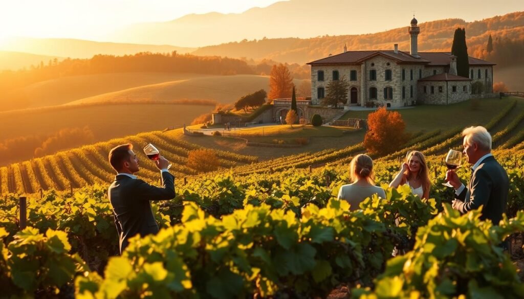 A picturesque Italian vineyard nestled in the rolling hills, bathed in the golden glow of an autumn sunset. In the foreground, a group of sophisticated wine connoisseurs swirling and sipping from delicate glassware, engaged in animated discussion. The middle ground reveals rows of lush, verdant vines heavy with ripe grapes, their earthy aroma mingling with the crisp, fresh air. In the distance, a historic stone villa stands proudly, its elegant architecture and terracotta roof tiles framed by the vibrant hues of changing foliage. The scene evokes a sense of refinement, tradition, and the deep connection between the land, the people, and the craft of winemaking that defines Italy's renowned wine regions.