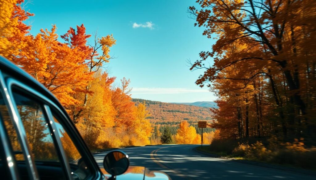 A scenic autumn drive through Michigan's Upper Peninsula, the winding road flanked by vibrant foliage in shades of gold, orange, and crimson. In the foreground, a classic vintage car hugs the twisting asphalt, its chrome trim gleaming in the soft, diffused light. In the middle ground, towering hardwood trees frame the view, their branches reaching skyward, creating a natural cathedral of color. Beyond, the rugged landscape unfolds, rolling hills and dense forests blanketed in the warm hues of the season. The air is crisp and clear, the sky a striking, cloudless blue, imbuing the scene with a sense of tranquility and timelessness. A serene, cinematic vision of a quintessential fall foliage tour.