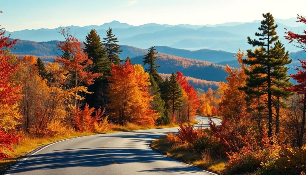 A scenic winding road cutting through a vibrant autumnal forest on the Blue Ridge Parkway. In the foreground, a narrow asphalt path lined with golden and crimson foliage, leading the viewer into the lush, mountainous landscape. The middle ground features a mix of tall, majestic deciduous trees in shades of orange, red, and yellow, their leaves gently swaying in a gentle breeze. In the background, rolling blue-tinted peaks and ridges stretch out, creating a sense of depth and tranquility. The scene is bathed in warm, golden afternoon light, casting long shadows and creating a cozy, inviting atmosphere. Capture the essence of this quintessential Blue Ridge Parkway fall foliage experience.