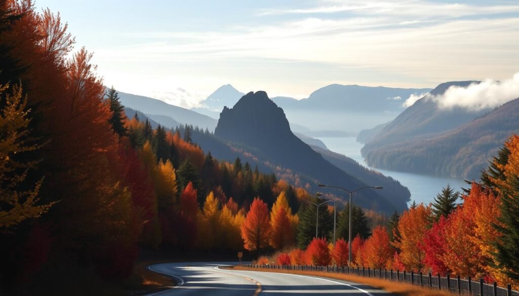 A serene autumn landscape along the Columbia River Gorge Scenic Highway, Oregon. In the foreground, vibrant red, orange, and yellow foliage casts a warm glow across the winding road. The middle ground features a majestic basalt rock formation, its jagged edges silhouetted against the sky. In the background, the mighty Columbia River cuts through the lush, forested gorge, its waters reflecting the hues of the changing leaves. Soft, diffused sunlight filters through wispy clouds, creating a dreamy, ethereal atmosphere. The scene is captured with a wide-angle lens, emphasizing the grandeur and scale of this iconic Pacific Northwest vista.