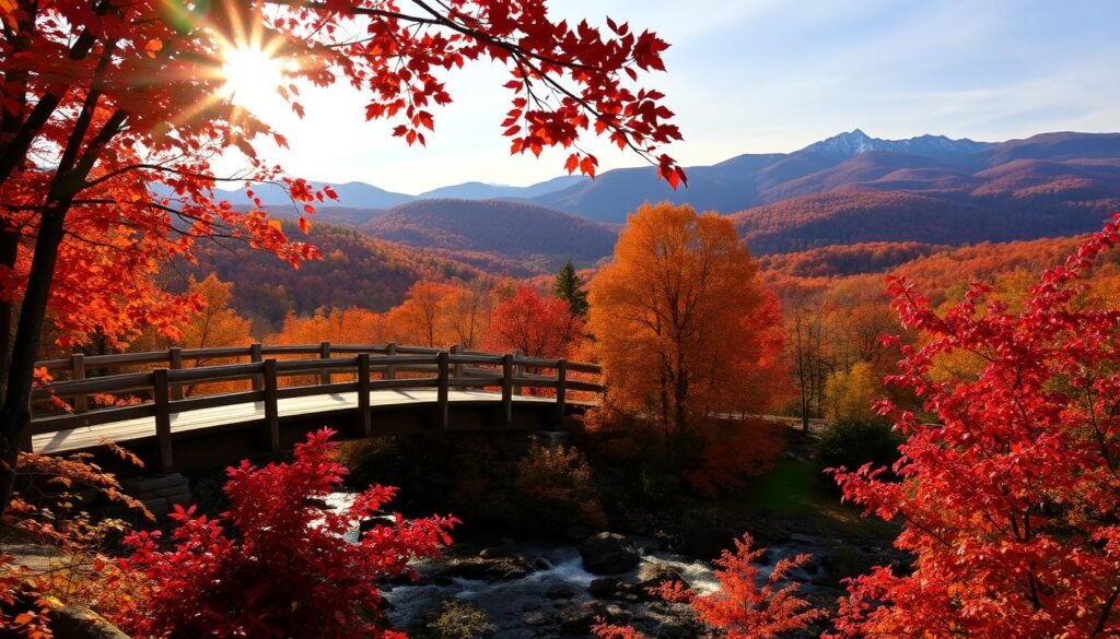A serene autumn landscape in the Great Smoky Mountains National Park, where the sun casts a warm glow over the vibrant foliage. In the foreground, a picturesque wooden bridge arches over a gently flowing stream, surrounded by a riot of red, orange, and gold leaves. In the middle ground, rolling hills covered in a tapestry of autumn hues stretch out towards the distant mountains, their peaks dusted with a light layer of snow. The scene is bathed in the soft, diffused light of a late afternoon, creating a sense of tranquility and wonder. Captured through the lens of a wide-angle camera, this image showcases the breathtaking beauty of this national park in the heart of the Appalachian Mountains during the most colorful season of the year.