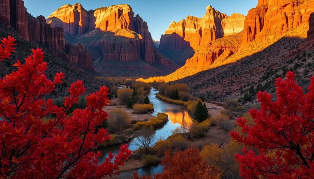 A stunning autumn landscape in Zion National Park, Utah. In the foreground, vibrant red and gold foliage frames a winding river reflecting the surrounding cliffs. The middle ground features dramatic sandstone formations, their rusty hues contrasted by patches of green vegetation. The background is dominated by towering, majestic rock walls, their shadows casting dramatic patterns across the scene. The warm, golden light of the setting sun bathes the entire vista, creating a serene and tranquil atmosphere. Captured with a wide-angle lens, this image conveys the serene beauty of Zion's desert landscape as it transforms during the autumn season.