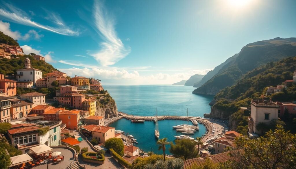 A sun-drenched Italian coastal village nestled in a picturesque cove, with colorful houses cascading down the hillside towards a tranquil azure sea. In the foreground, a charming promenade lined with quaint cafes and boutiques, their outdoor seating spilling onto the cobblestone streets. In the middle ground, a small marina with bobbing sailboats and fishing vessels, framed by lush Mediterranean flora. In the distance, the dramatic silhouettes of rugged cliffs and hills, their slopes blanketed in olive groves and vineyards. Warm, golden light filters through wispy clouds, casting a soft, romantic glow over the entire scene. Captured with a wide-angle lens to convey a sense of expansive, cinematic grandeur.