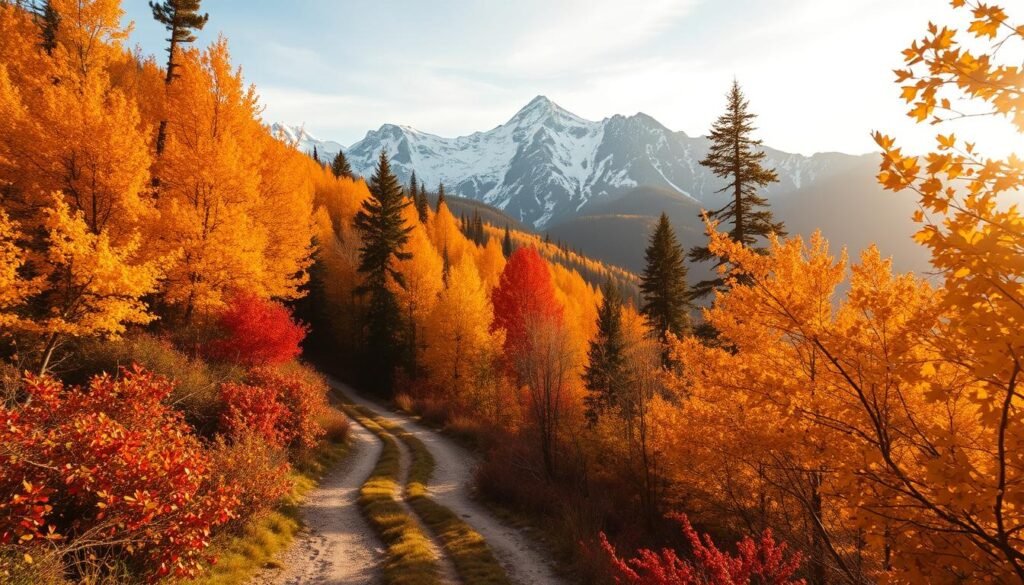 A vibrant autumn landscape in a national park, captured through the lens of an experienced photographer. In the foreground, a winding trail leads through a tapestry of golden and crimson foliage. The middle ground features a majestic mountain range, its peaks dusted with a fresh layer of snow. Warm, soft lighting filters through the canopy, casting a magical glow over the scene. The photographer uses a wide-angle lens to accentuate the grandeur of the surroundings, carefully framing the composition to draw the viewer's eye through the layers of the image. The resulting photograph exudes a sense of tranquility and wonder, perfectly encapsulating the beauty of autumn in a national park setting.
