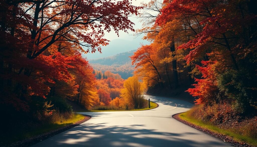 A winding autumn road snakes through a lush forest, the canopy ablaze with vibrant hues of red, orange, and gold. Dappled sunlight filters through the leaves, casting a warm, ethereal glow on the scene. In the foreground, a well-maintained asphalt path invites the viewer to embark on a leisurely drive, while the middle ground reveals distant hills dotted with vibrant foliage. The background is dominated by a hazy, atmospheric mountain range, adding depth and grandeur to the landscape. The overall mood is one of tranquility and wonder, perfectly capturing the essence of a picturesque fall road trip.