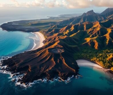 Aerial view of Hawaii's Big Island showing diverse landscapes including volcanoes, beaches, and rainforests for a 7-day Hawaii adventure
