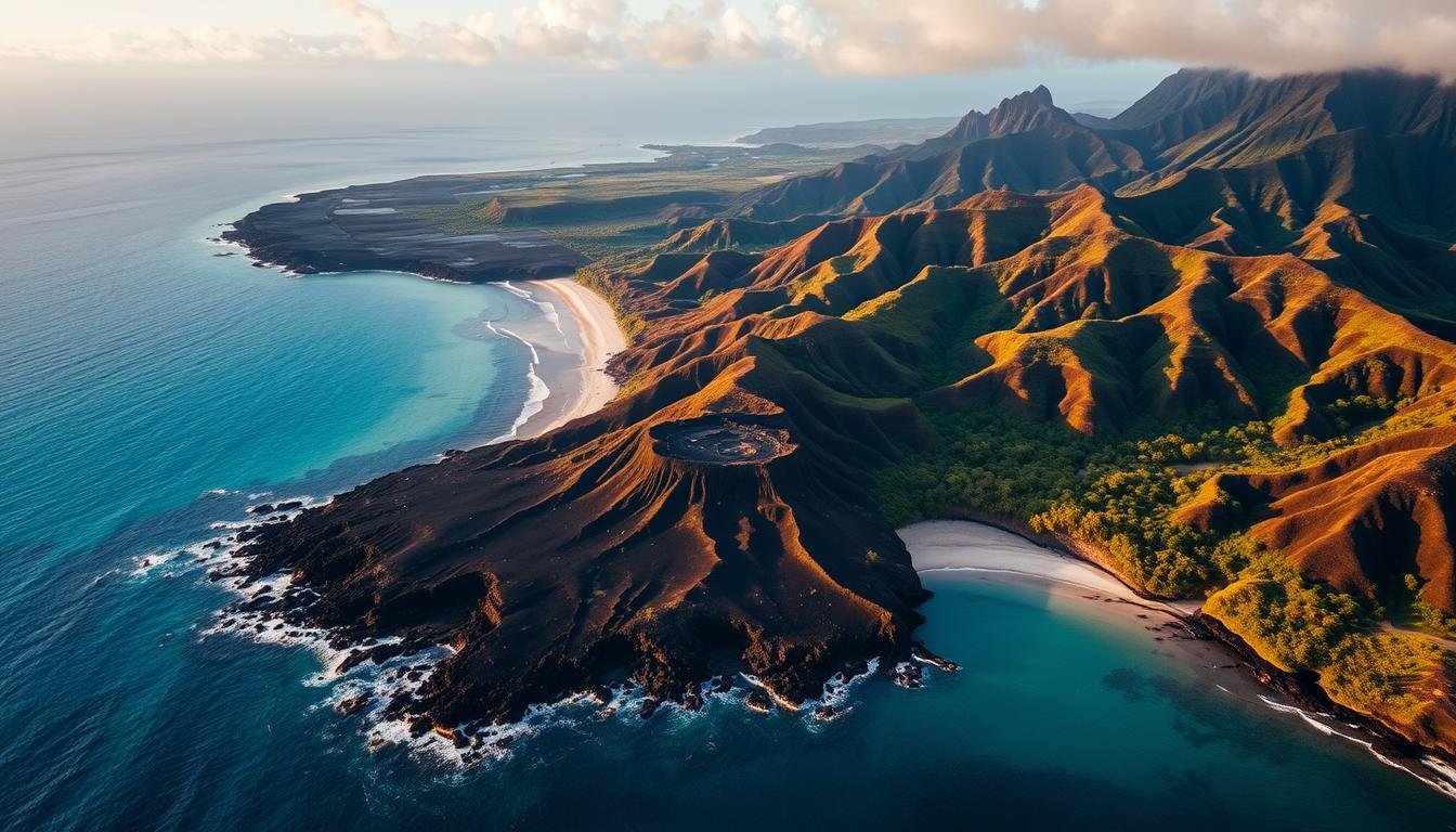 Aerial view of Hawaii's Big Island showing diverse landscapes including volcanoes, beaches, and rainforests for a 7-day Hawaii adventure